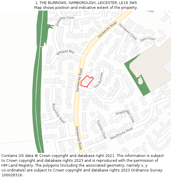 1, THE BURROWS, NARBOROUGH, LEICESTER, LE19 3WS: Location map and indicative extent of plot