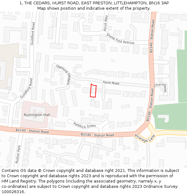 1, THE CEDARS, HURST ROAD, EAST PRESTON, LITTLEHAMPTON, BN16 3AP: Location map and indicative extent of plot