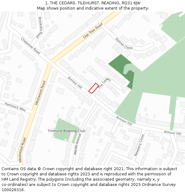 1, THE CEDARS, TILEHURST, READING, RG31 6JW: Location map and indicative extent of plot