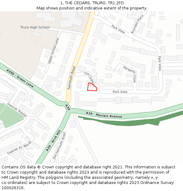 1, THE CEDARS, TRURO, TR1 2FD: Location map and indicative extent of plot