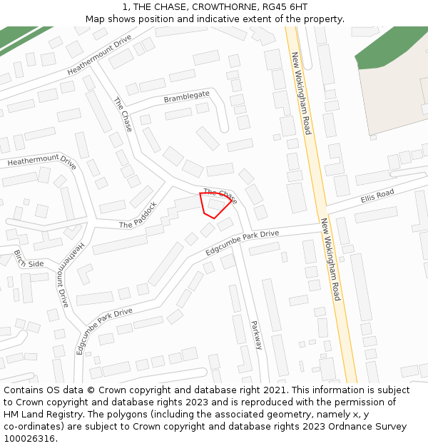 1, THE CHASE, CROWTHORNE, RG45 6HT: Location map and indicative extent of plot