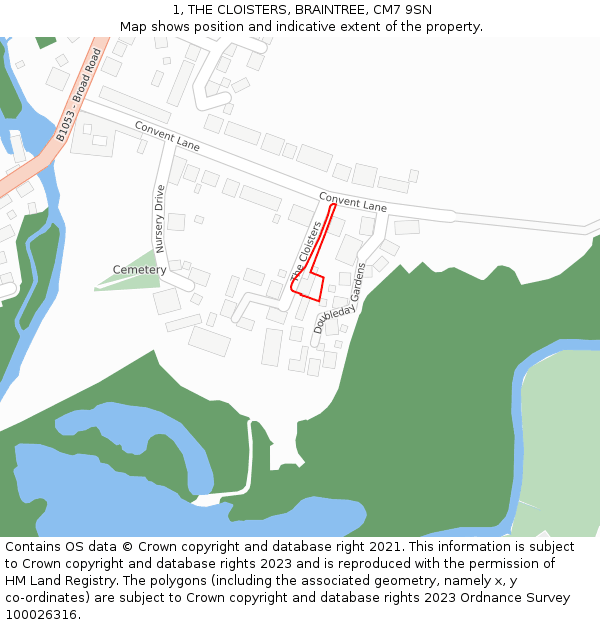 1, THE CLOISTERS, BRAINTREE, CM7 9SN: Location map and indicative extent of plot