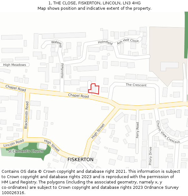 1, THE CLOSE, FISKERTON, LINCOLN, LN3 4HG: Location map and indicative extent of plot