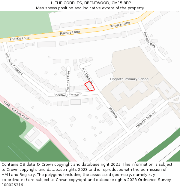 1, THE COBBLES, BRENTWOOD, CM15 8BP: Location map and indicative extent of plot