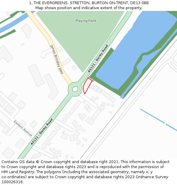 1, THE EVERGREENS, STRETTON, BURTON-ON-TRENT, DE13 0BE: Location map and indicative extent of plot