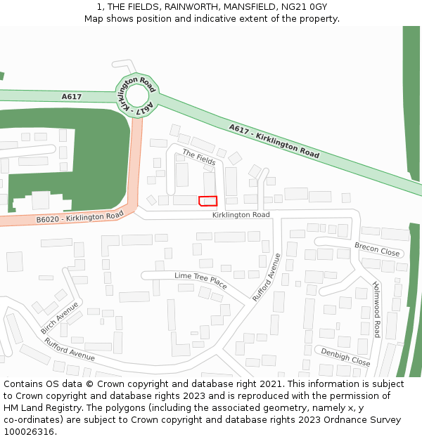 1, THE FIELDS, RAINWORTH, MANSFIELD, NG21 0GY: Location map and indicative extent of plot
