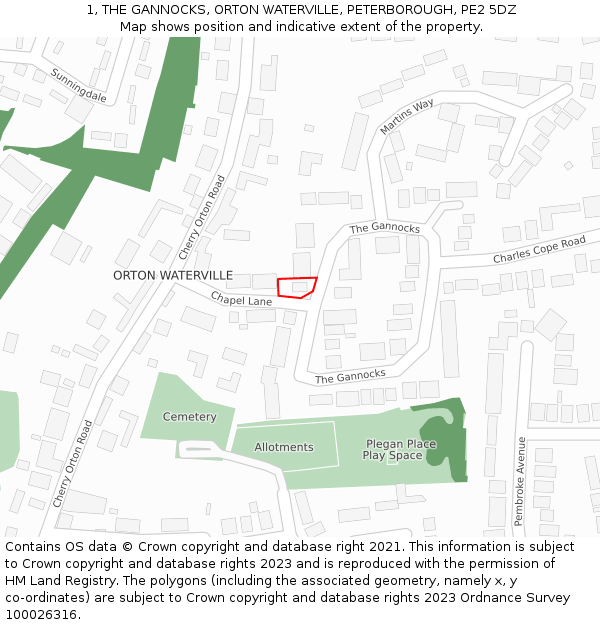 1, THE GANNOCKS, ORTON WATERVILLE, PETERBOROUGH, PE2 5DZ: Location map and indicative extent of plot