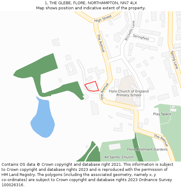 1, THE GLEBE, FLORE, NORTHAMPTON, NN7 4LX: Location map and indicative extent of plot