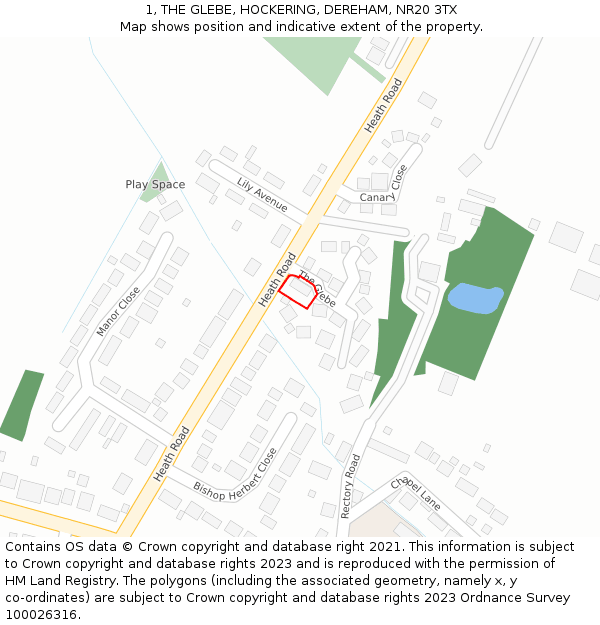 1, THE GLEBE, HOCKERING, DEREHAM, NR20 3TX: Location map and indicative extent of plot