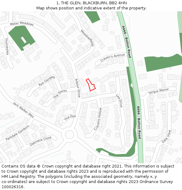 1, THE GLEN, BLACKBURN, BB2 4HN: Location map and indicative extent of plot