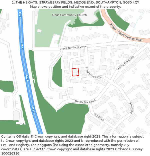 1, THE HEIGHTS, STRAWBERRY FIELDS, HEDGE END, SOUTHAMPTON, SO30 4QY: Location map and indicative extent of plot