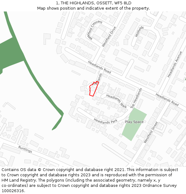 1, THE HIGHLANDS, OSSETT, WF5 8LD: Location map and indicative extent of plot