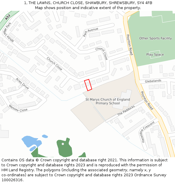 1, THE LAWNS, CHURCH CLOSE, SHAWBURY, SHREWSBURY, SY4 4FB: Location map and indicative extent of plot