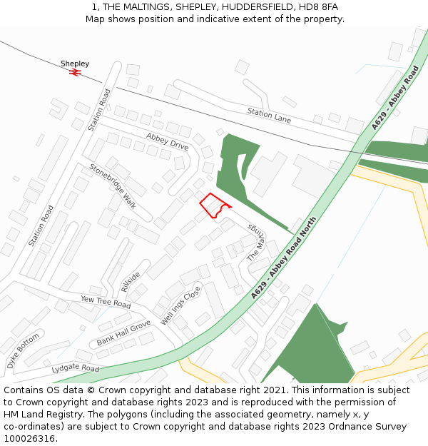 1, THE MALTINGS, SHEPLEY, HUDDERSFIELD, HD8 8FA: Location map and indicative extent of plot