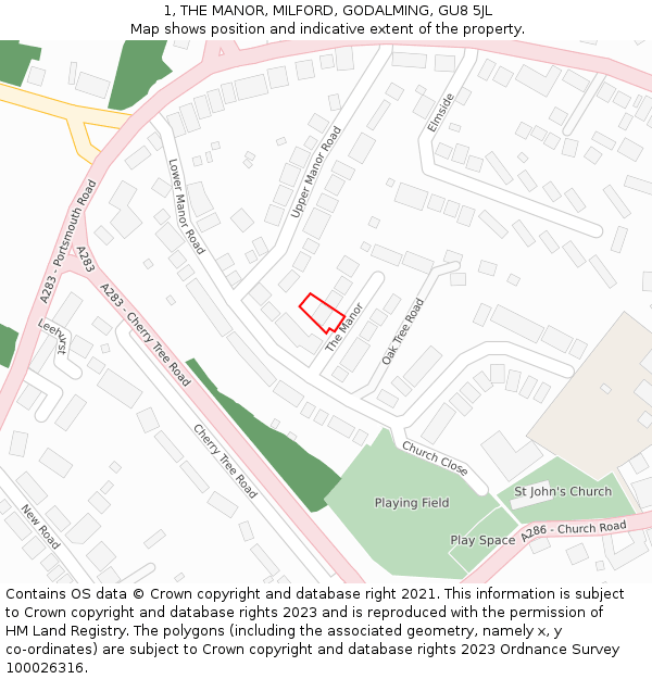1, THE MANOR, MILFORD, GODALMING, GU8 5JL: Location map and indicative extent of plot