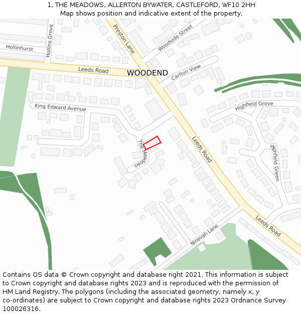 1, THE MEADOWS, ALLERTON BYWATER, CASTLEFORD, WF10 2HH: Location map and indicative extent of plot
