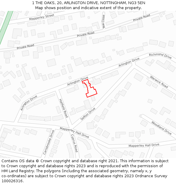 1 THE OAKS, 20, ARLINGTON DRIVE, NOTTINGHAM, NG3 5EN: Location map and indicative extent of plot