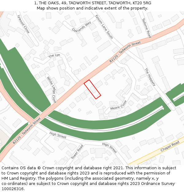 1, THE OAKS, 49, TADWORTH STREET, TADWORTH, KT20 5RG: Location map and indicative extent of plot