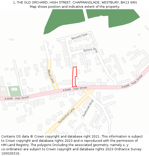 1, THE OLD ORCHARD, HIGH STREET, CHAPMANSLADE, WESTBURY, BA13 4AN: Location map and indicative extent of plot