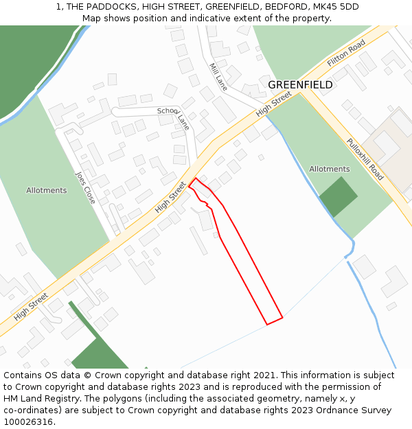 1, THE PADDOCKS, HIGH STREET, GREENFIELD, BEDFORD, MK45 5DD: Location map and indicative extent of plot
