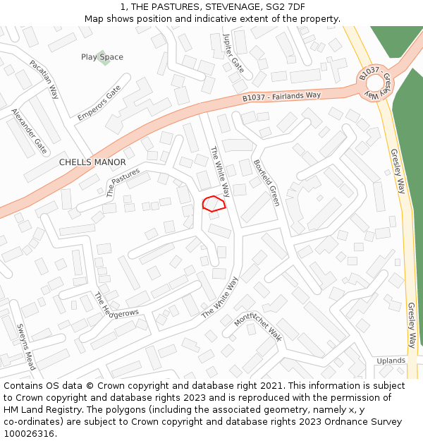 1, THE PASTURES, STEVENAGE, SG2 7DF: Location map and indicative extent of plot