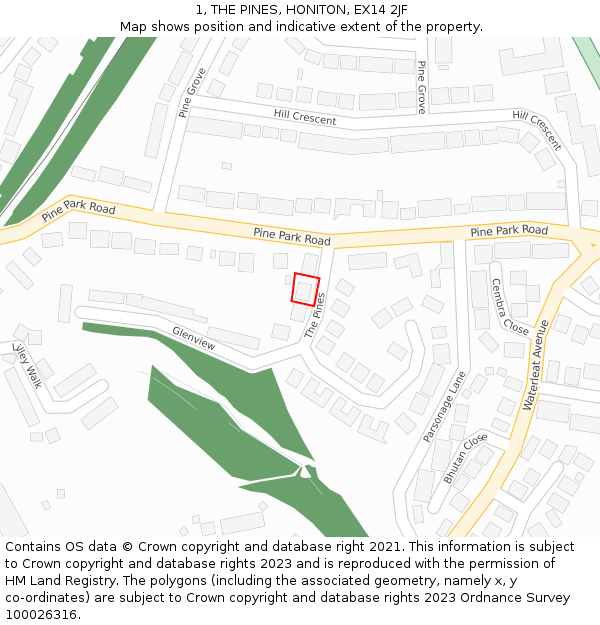 1, THE PINES, HONITON, EX14 2JF: Location map and indicative extent of plot