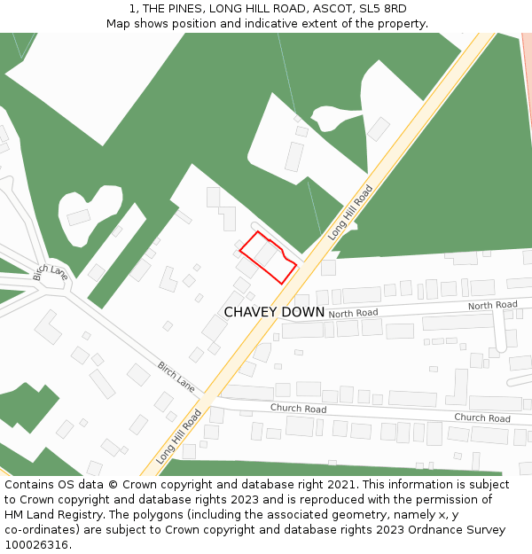 1, THE PINES, LONG HILL ROAD, ASCOT, SL5 8RD: Location map and indicative extent of plot