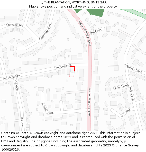 1, THE PLANTATION, WORTHING, BN13 2AA: Location map and indicative extent of plot