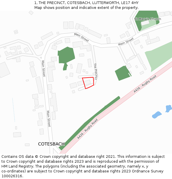 1, THE PRECINCT, COTESBACH, LUTTERWORTH, LE17 4HY: Location map and indicative extent of plot