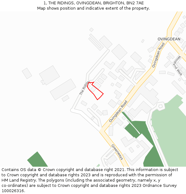 1, THE RIDINGS, OVINGDEAN, BRIGHTON, BN2 7AE: Location map and indicative extent of plot
