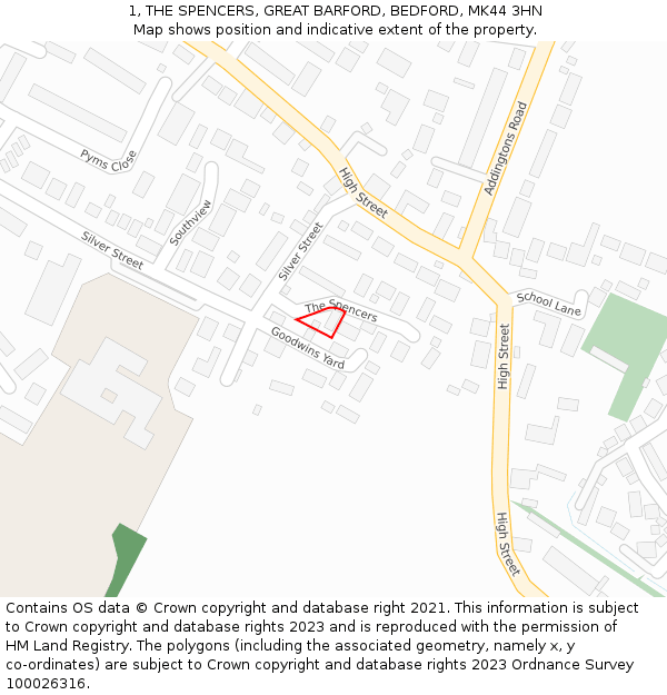 1, THE SPENCERS, GREAT BARFORD, BEDFORD, MK44 3HN: Location map and indicative extent of plot