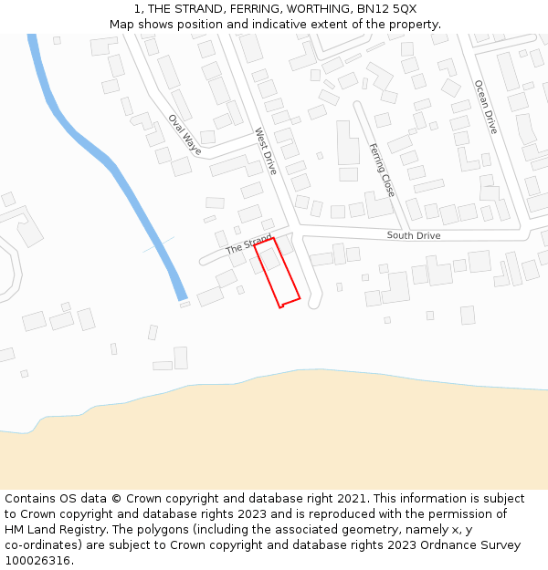 1, THE STRAND, FERRING, WORTHING, BN12 5QX: Location map and indicative extent of plot