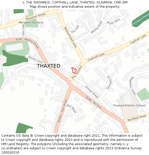 1, THE TANYARDS, COPTHALL LANE, THAXTED, DUNMOW, CM6 2RP: Location map and indicative extent of plot