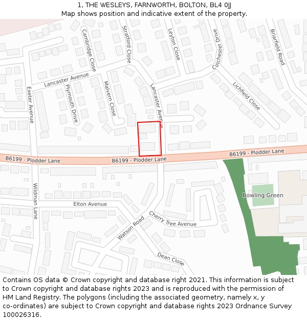 1, THE WESLEYS, FARNWORTH, BOLTON, BL4 0JJ: Location map and indicative extent of plot
