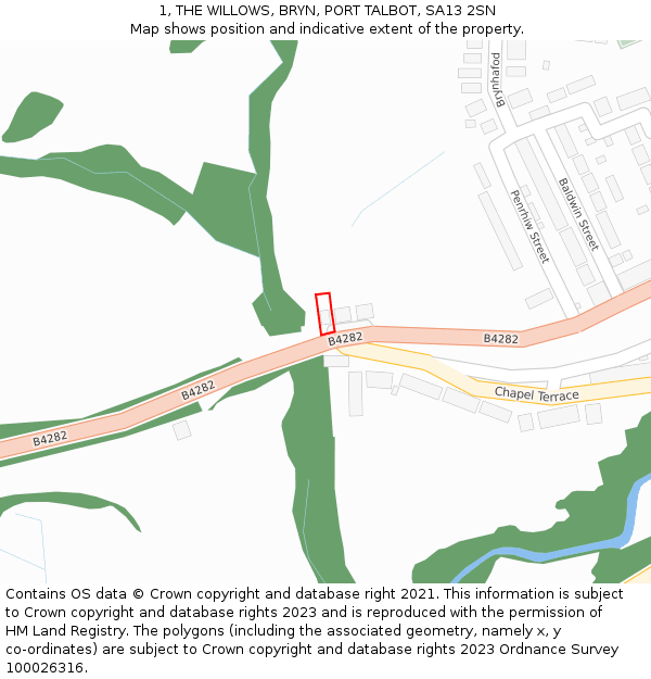 1, THE WILLOWS, BRYN, PORT TALBOT, SA13 2SN: Location map and indicative extent of plot