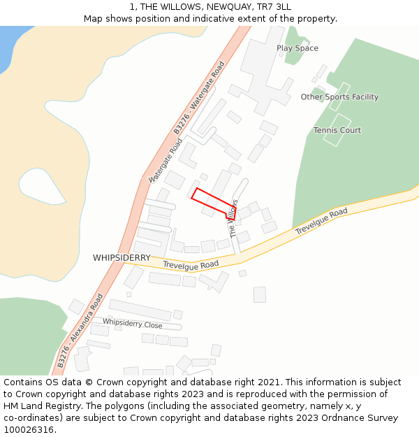 1, THE WILLOWS, NEWQUAY, TR7 3LL: Location map and indicative extent of plot