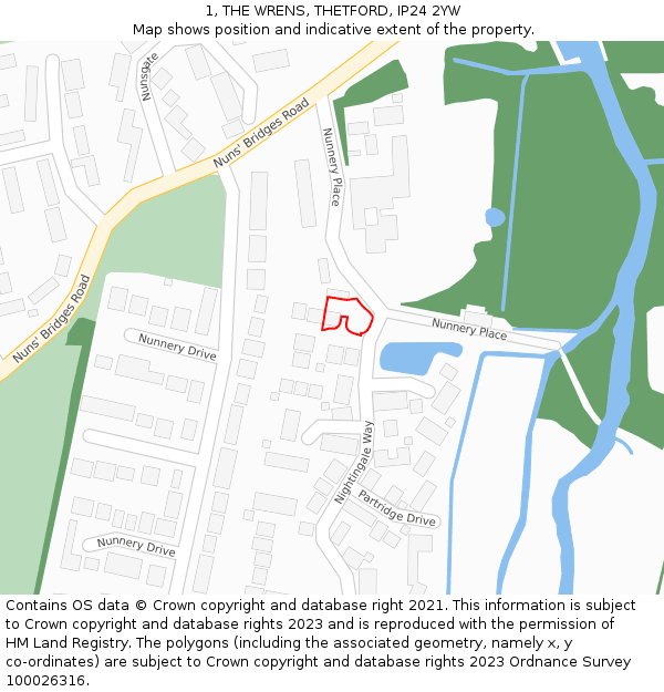 1, THE WRENS, THETFORD, IP24 2YW: Location map and indicative extent of plot
