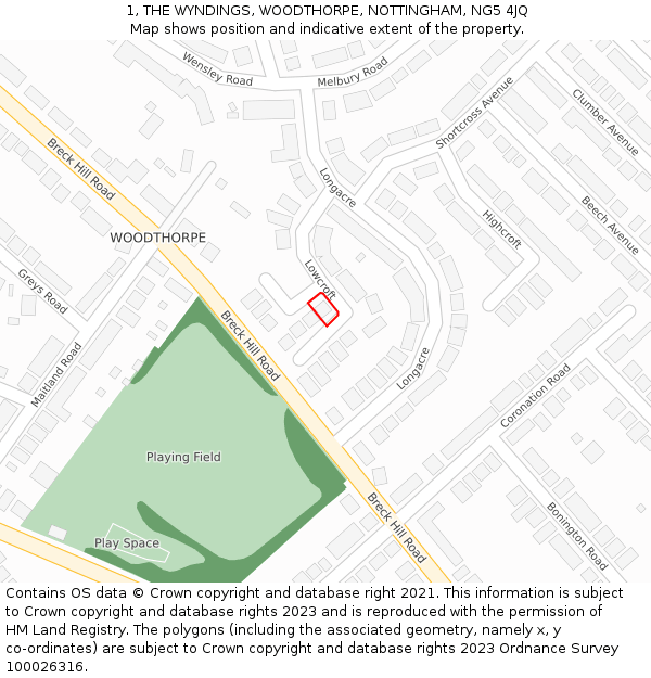1, THE WYNDINGS, WOODTHORPE, NOTTINGHAM, NG5 4JQ: Location map and indicative extent of plot