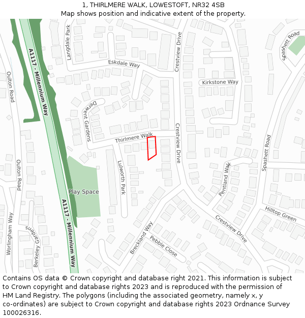 1, THIRLMERE WALK, LOWESTOFT, NR32 4SB: Location map and indicative extent of plot