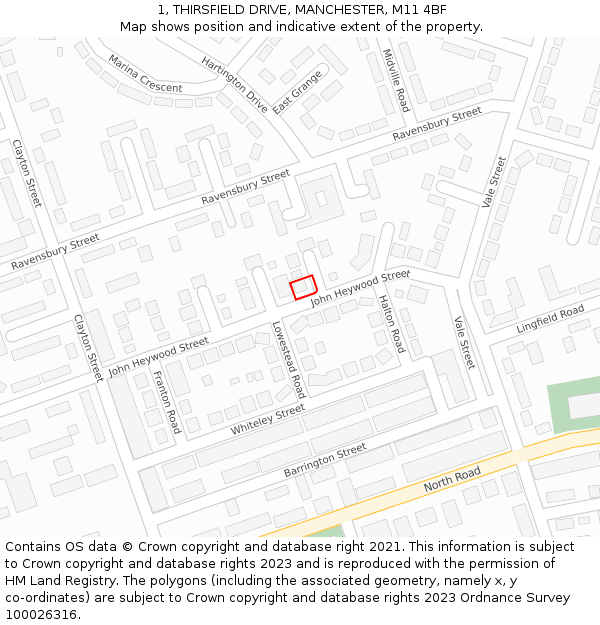 1, THIRSFIELD DRIVE, MANCHESTER, M11 4BF: Location map and indicative extent of plot