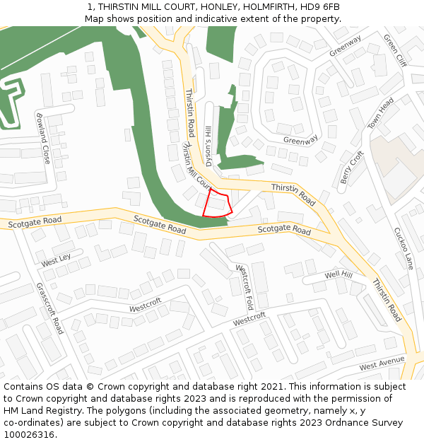 1, THIRSTIN MILL COURT, HONLEY, HOLMFIRTH, HD9 6FB: Location map and indicative extent of plot