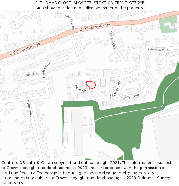 1, THOMAS CLOSE, ALSAGER, STOKE-ON-TRENT, ST7 2YR: Location map and indicative extent of plot