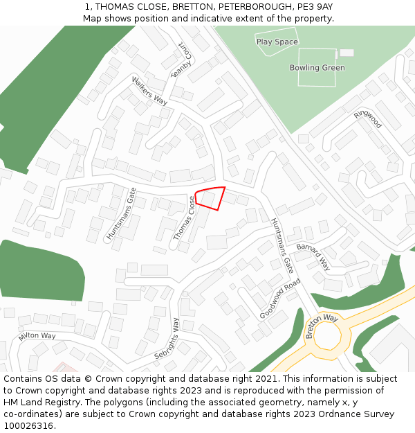 1, THOMAS CLOSE, BRETTON, PETERBOROUGH, PE3 9AY: Location map and indicative extent of plot