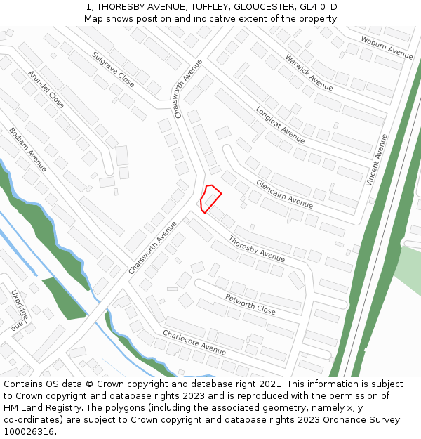 1, THORESBY AVENUE, TUFFLEY, GLOUCESTER, GL4 0TD: Location map and indicative extent of plot
