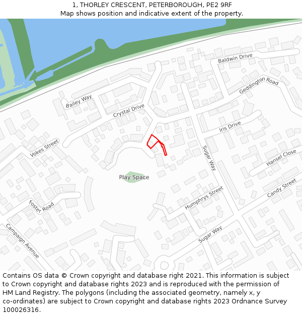 1, THORLEY CRESCENT, PETERBOROUGH, PE2 9RF: Location map and indicative extent of plot
