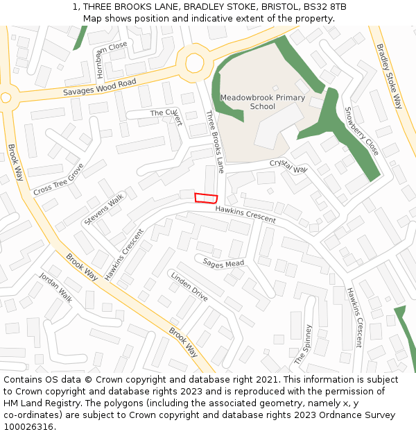 1, THREE BROOKS LANE, BRADLEY STOKE, BRISTOL, BS32 8TB: Location map and indicative extent of plot
