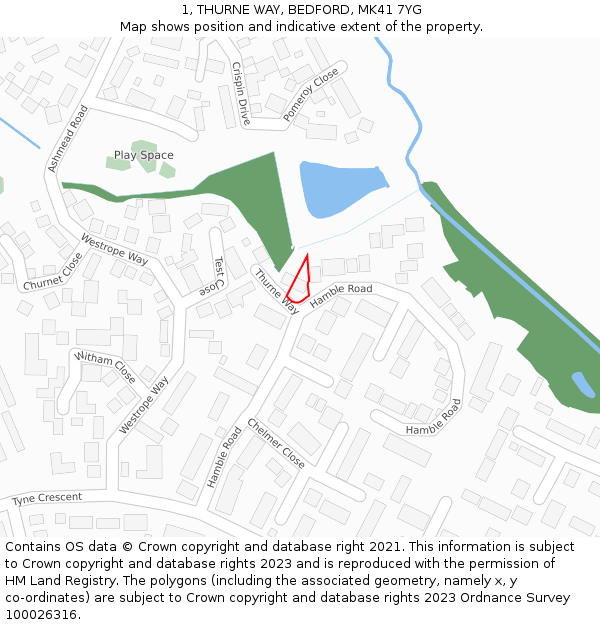 1, THURNE WAY, BEDFORD, MK41 7YG: Location map and indicative extent of plot