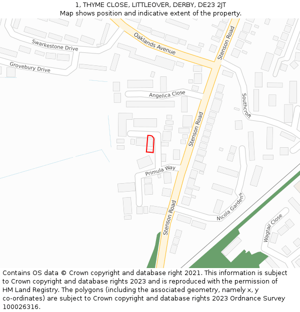 1, THYME CLOSE, LITTLEOVER, DERBY, DE23 2JT: Location map and indicative extent of plot