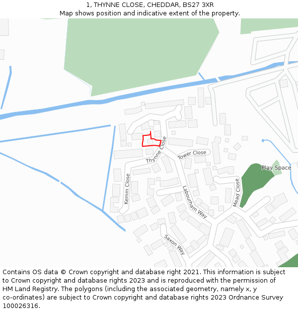 1, THYNNE CLOSE, CHEDDAR, BS27 3XR: Location map and indicative extent of plot