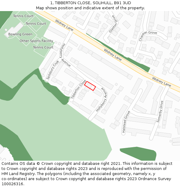 1, TIBBERTON CLOSE, SOLIHULL, B91 3UD: Location map and indicative extent of plot